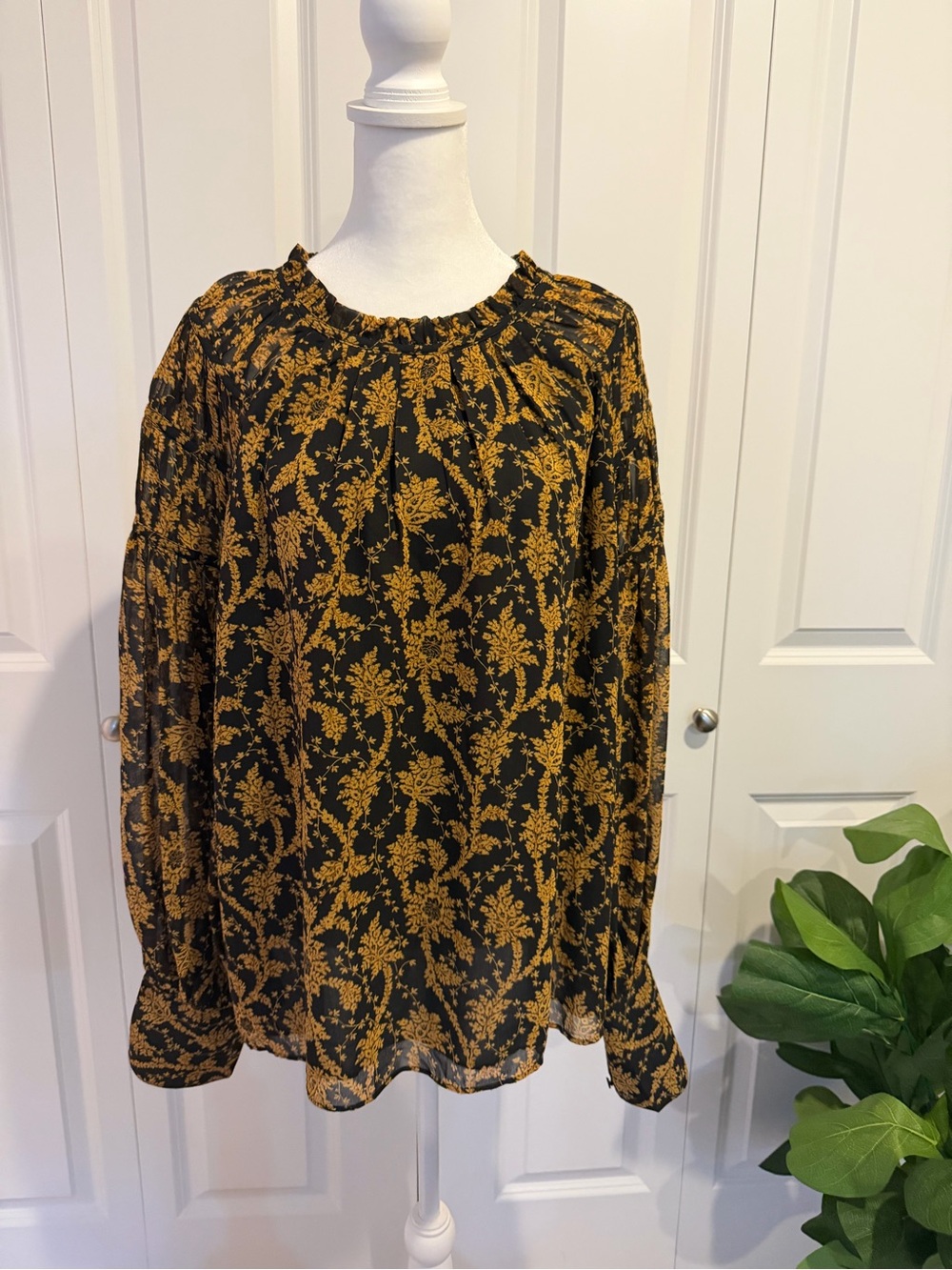 Ann Taylor Black Blouse with Mustard Floral Print